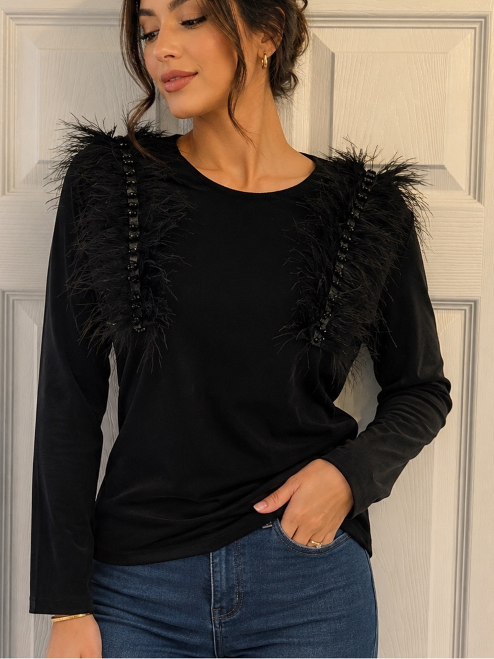 NEW  By Nancy Black Feather Accent Top – Women’s XL